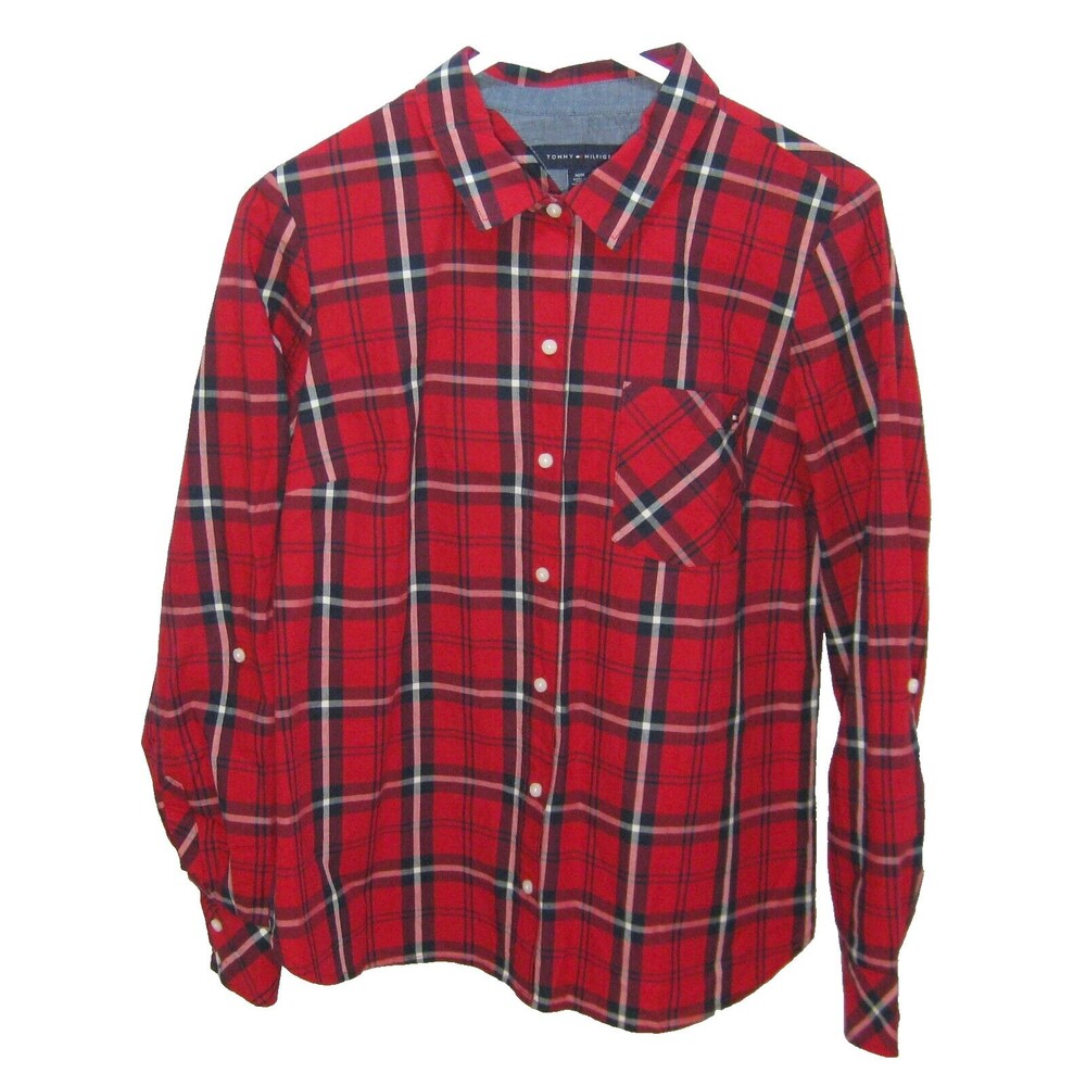 TOMMY HILFIGER Women's Size Medium Red Plaid Button Front Shirt 100% Cotton Top